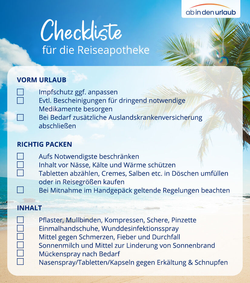 Reiseapotheke Checkliste für Reisemedikamente im Urlaub